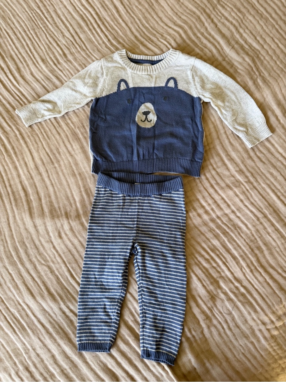 Carter's Blue and Cream Bear Knit Sweater with Striped Leggings 6M